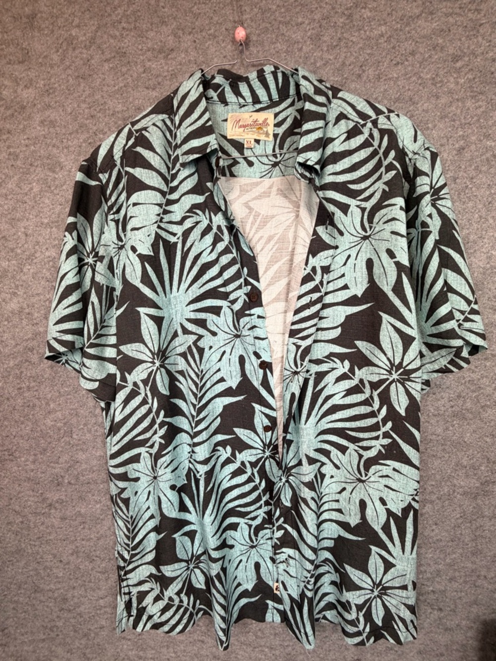 Margaritaville Black Short-Sleeve Shirt with Mint Green Tropical Leaf Print